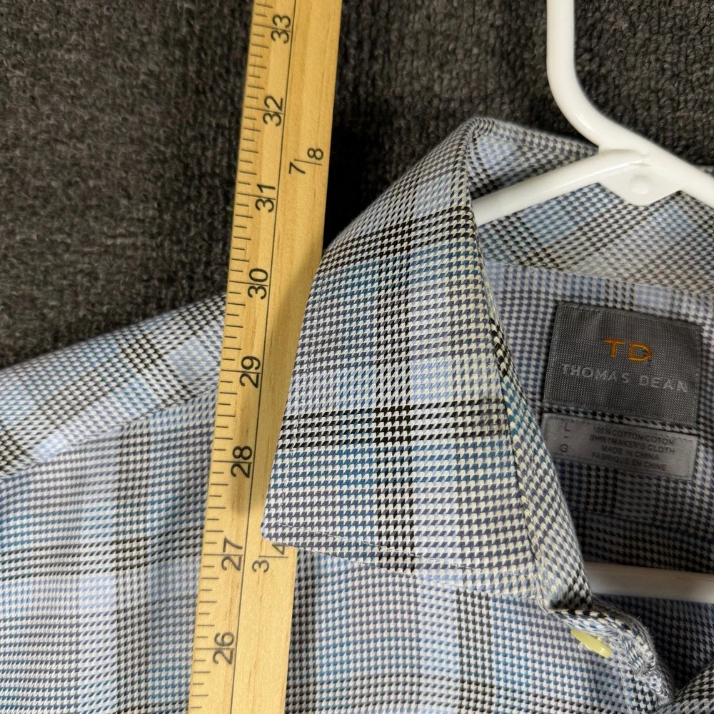 Thomas Dean Mens Blue Plaid Cotton Button Down Shirt Spread Collar Large L